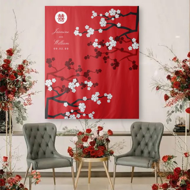 Tapiz Flores de cerezo Boda chino de fondo de foto roja (White/Red Cherry Blossoms Double Happiness, Chinese Wedding Backdrop Tapestry @ fatfatin_red_knot)