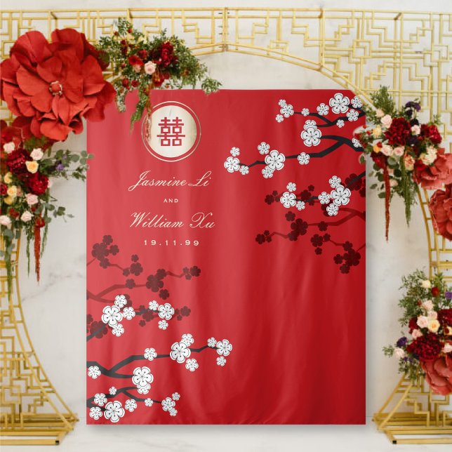 Tapiz Flores de cerezo Boda chino de fondo de foto roja (White Cherry Blossoms Gold Double Happiness, Chinese Wedding Backdrop Tapestry @ fatfatin_red_knot)