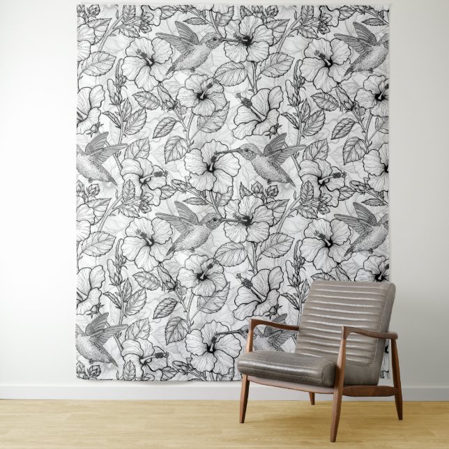 Tapiz Flores de colibrí y de hibisco b&p (In situ)