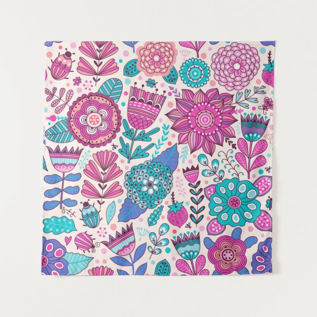 Tapiz Flores de doodle botánico, sin costura, textura vi (Anverso)