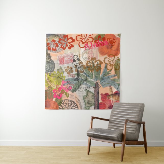 Tapiz Flores de época tropical hawaiana colorida hula (In situ)