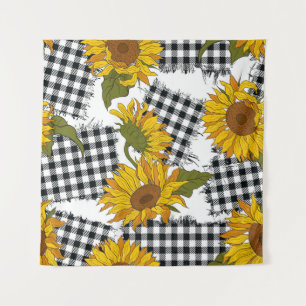 Tapiz Flores de girasol brillantes en parches a cuadros.