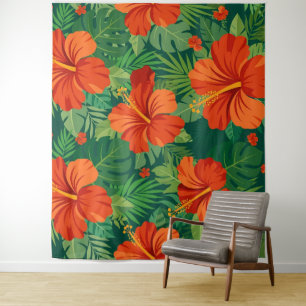 Tapiz Flores de Hibisco Rojo Naranja Verde Follaje de la