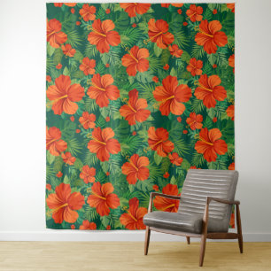 Tapiz Flores de Hibisco Rojo Naranja Verde Follaje de la