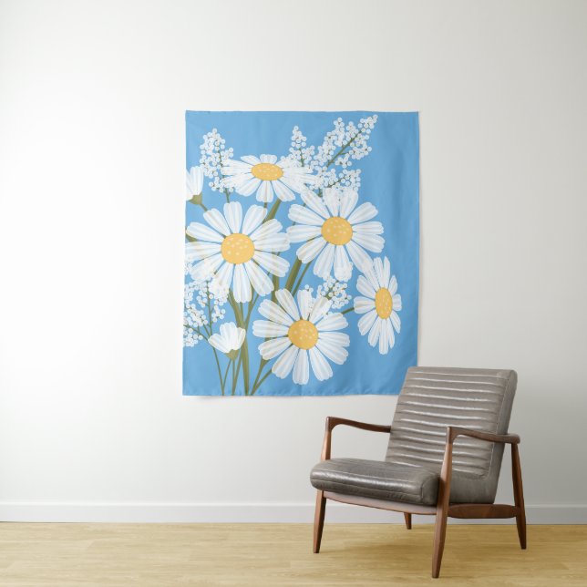 Tapiz Flores de margarita blanca en azul (In situ)