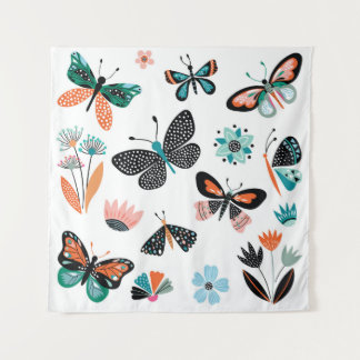 Tapiz Flores de mariposas: Colección de manos dibujadas