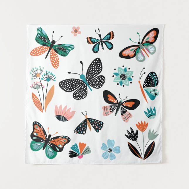 Tapiz Flores de mariposas: Colección de manos dibujadas (Anverso)