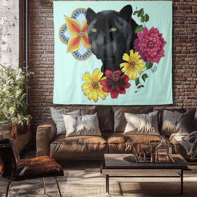 Tapiz Flores de retrato jaguar negro (Subido por el creador)