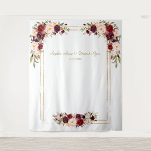 Tapiz Flores de Rosa Borgoña Boda Fotomatón de Oro