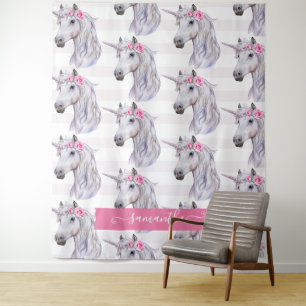 Tapiz Flores de Unicornio Adorable en Fondo de Rayas en 