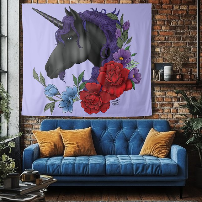 Tapiz Flores de Unicornio Negro Púrpura (Subido por el creador)