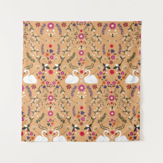 Tapiz Flores delgadas, fantasía de cisne sin fisuras. (Anverso)