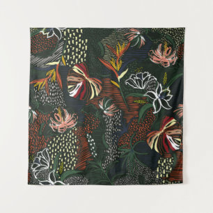 Tapiz Flores dibujadas a mano, palmeras tropicales.