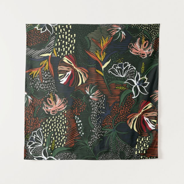 Tapiz Flores dibujadas a mano, palmeras tropicales. (Anverso)