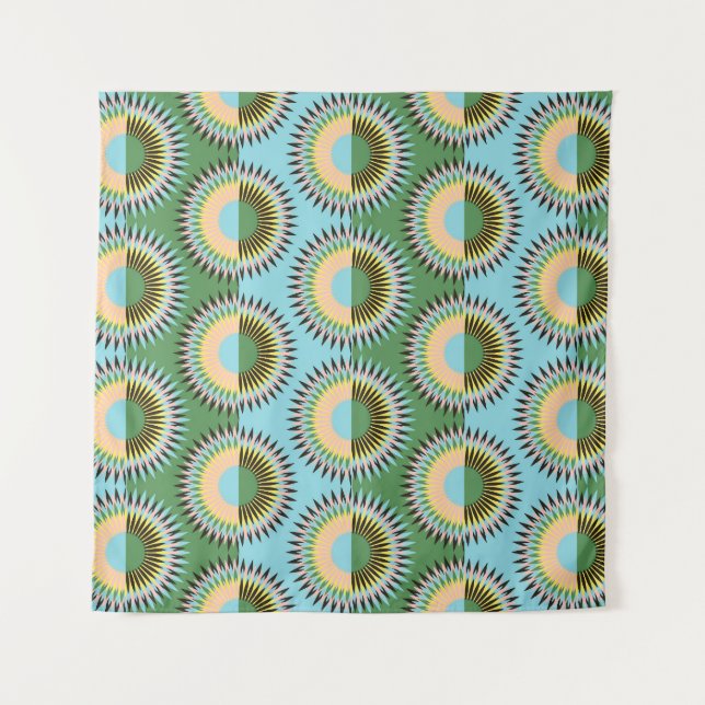 Tapiz Flores dobladas: patrón retro azul-verde. (Anverso)