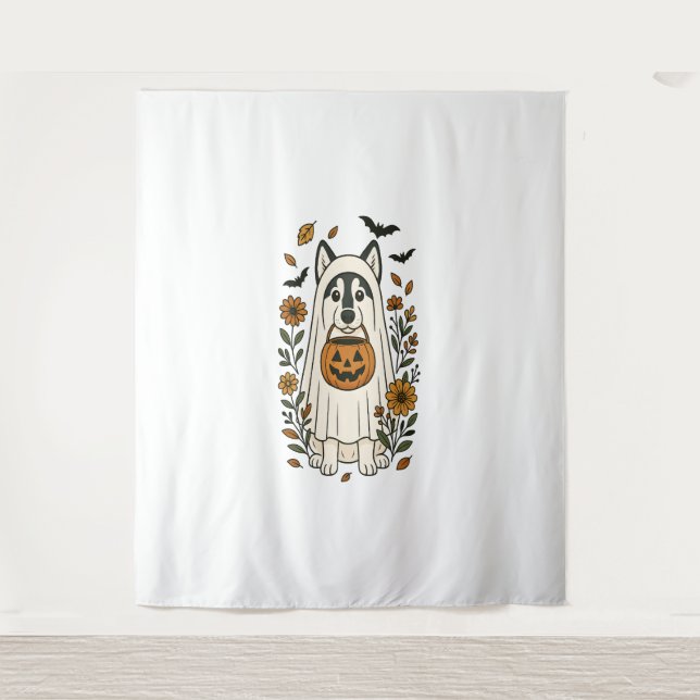 Tapiz Flores Husky Siberianas de Halloween (Anverso)