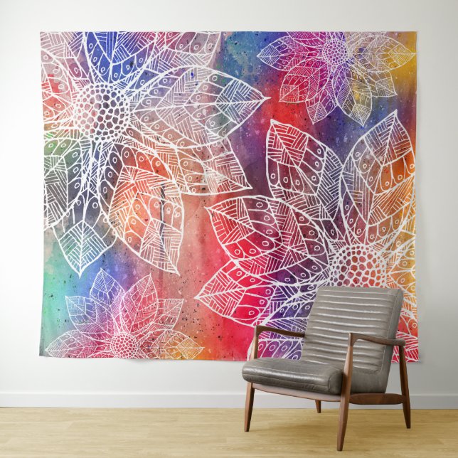 Tapiz Flores Mandala Bohemio Acuarela (In situ (horizontal))
