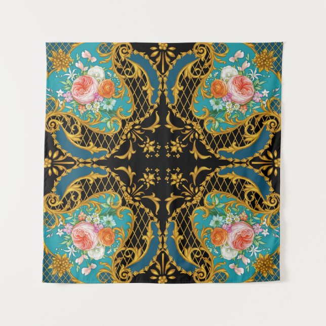 Tapiz Flores Naranjas rosas: composición cuadrada (Anverso)