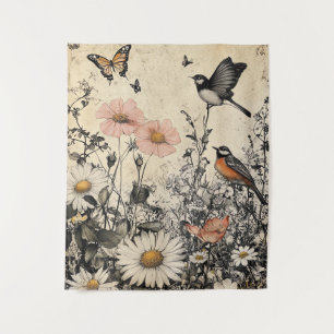 Tapiz Flores, pájaros y mariposa sobre papel de edad (1)