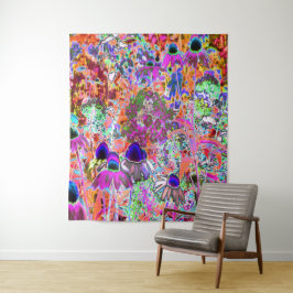 Tapiz Flores psicodélicas de jardín verde de cal y rosa 