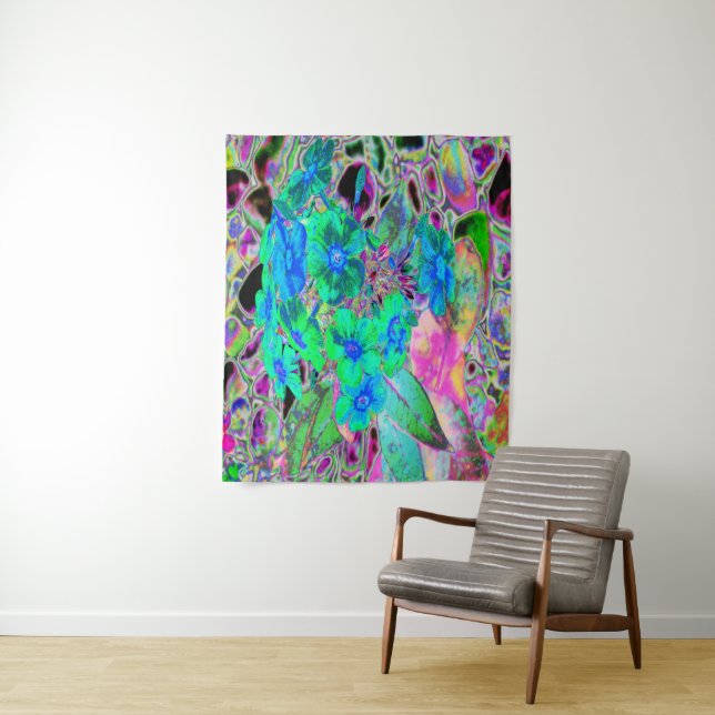 Tapiz Flores psicodélicas trippy, verde limón y azul (In situ)