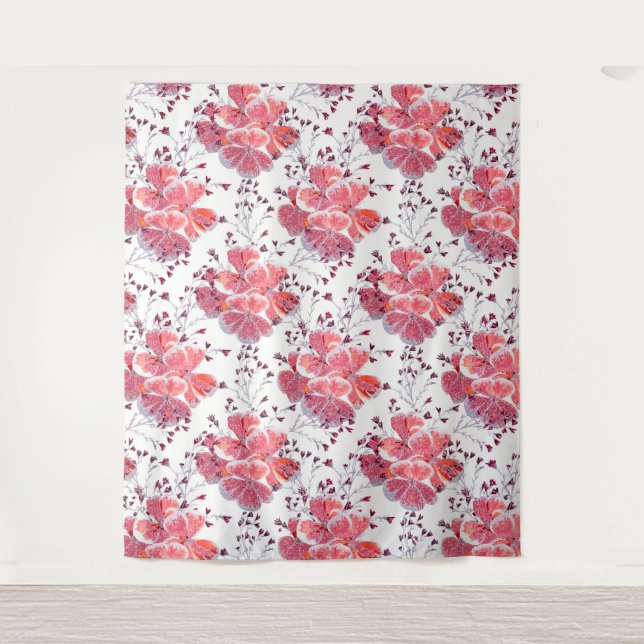 Tapiz Flores rojas rosadas sobre blanco. (Anverso)