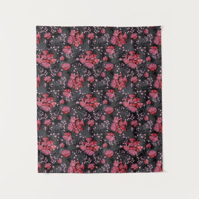 Tapiz Flores rojas sobre un fondo gris-negro. (Anverso)