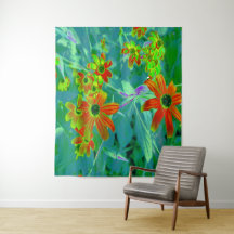 Flores rojas y amarillas trippy en azul retro