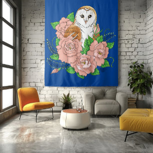 Tapiz Flores rosadas de búho barn azul