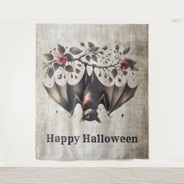 Tapiz Flores rosas de Halloween Malvado Bat Green Leaves (Anverso)