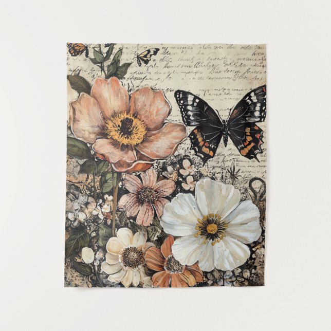 Tapiz Flores rústicas y mariposa - Papel de edad (14) (Anverso)