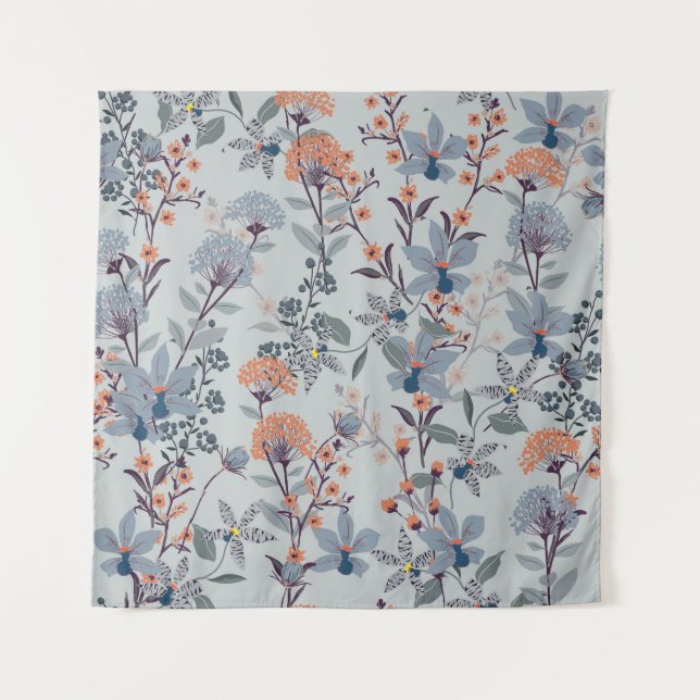 Tapiz Flores silvestres en azul, patrón botánico. (Anverso)