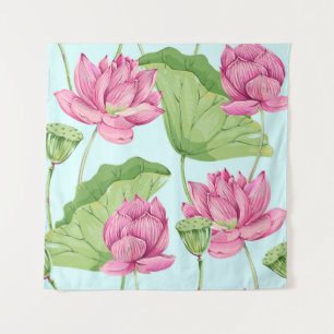Tapiz Flores tropicales, hojas, loto rosado, lirio acuát