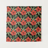 Flores tropicales rojas patrón de hojas verdes sin
