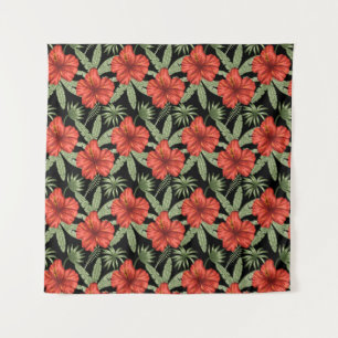Tapiz Flores tropicales rojas patrón de hojas verdes sin
