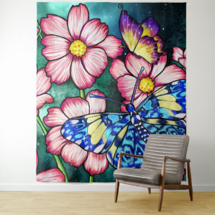 Tapiz Flores y mariposa azul