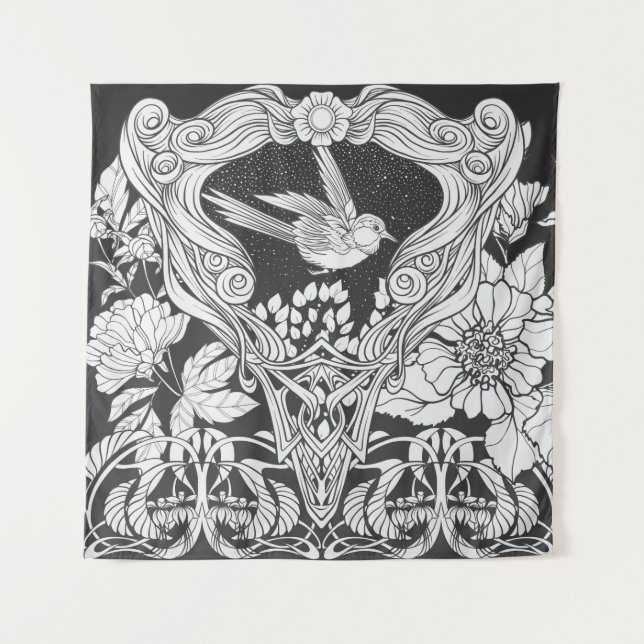 Tapiz Flores y pájaro en arte nouveau estilo palmas sin  (Anverso)