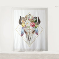 Flores y plumas de Boho calavera de toro geométric