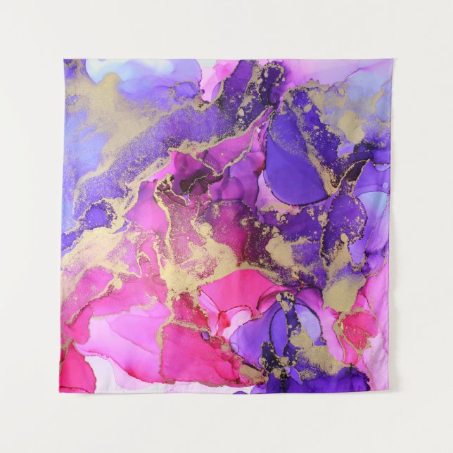Tapiz Flujo De Tinta De Oro Deluxe Púrpura Y Rosa. capas (Anverso)
