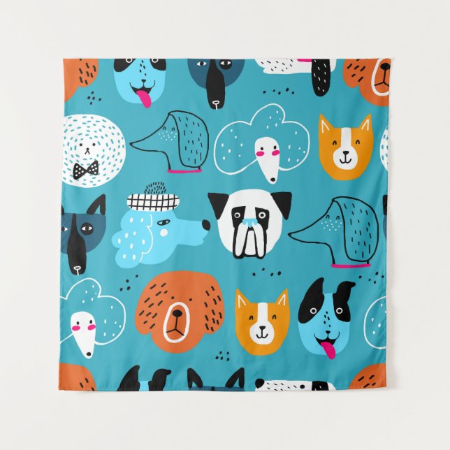 Tapiz Fondo Azul, Patrón De Perro Jugador. (Anverso)