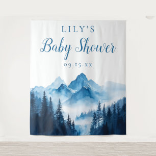 Tapiz Fondo Baby Shower de Blue Watercolor Mountains