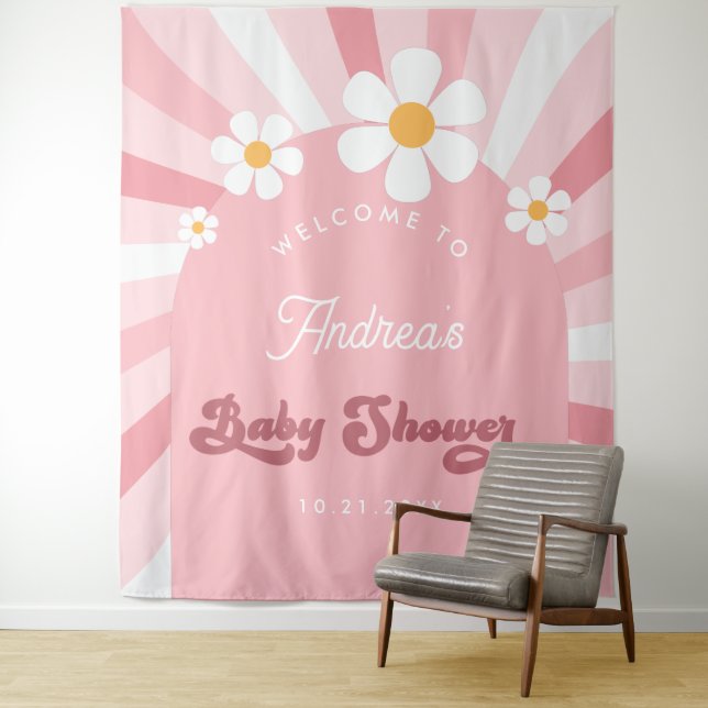 Tapiz Fondo Baby Shower de Pink Groovy Daisy Retro 70 (In situ)