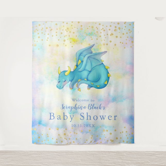 Tapiz Fondo Baby Shower Fantasy Pastel Blue Dragon (Anverso)