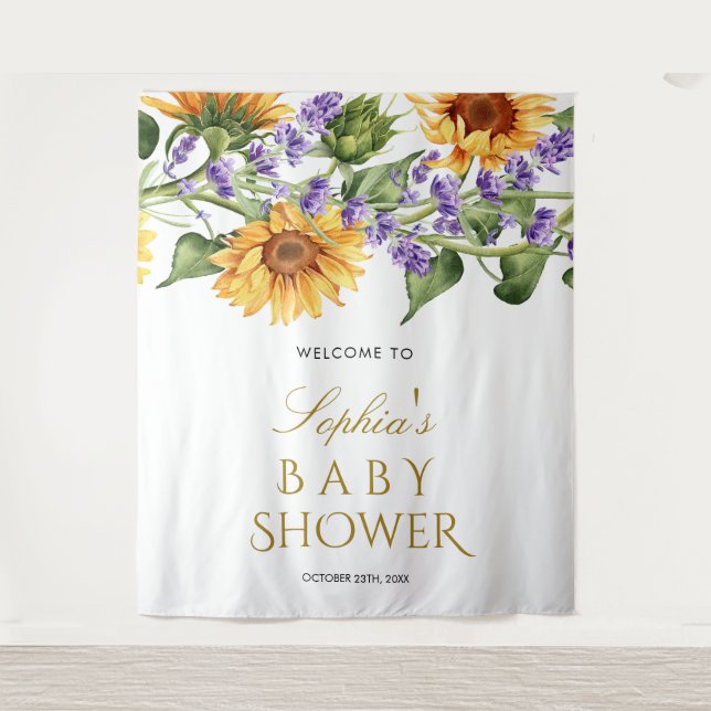 Tapiz Fondo Baby Shower - girasoles y lavanda (Anverso)