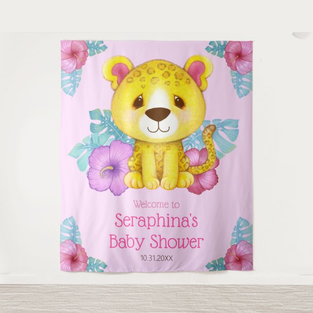 Tapiz Fondo Baby Shower Rainforest Jungle Leopard (Anverso)