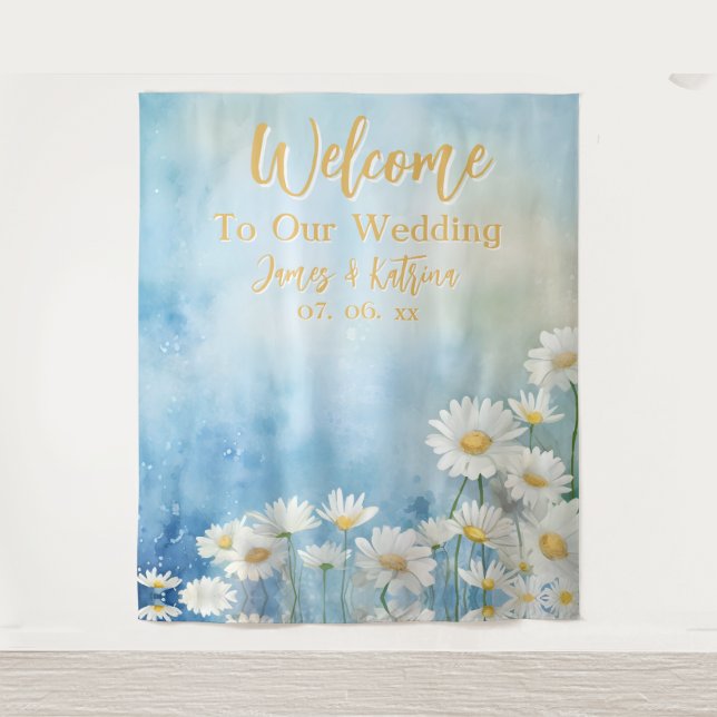 Tapiz Fondo Boda de acuarela floral de personalizable (Anverso)