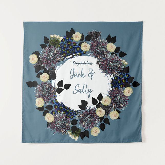 Tapiz Fondo boda floral azul y blanco (Anverso)