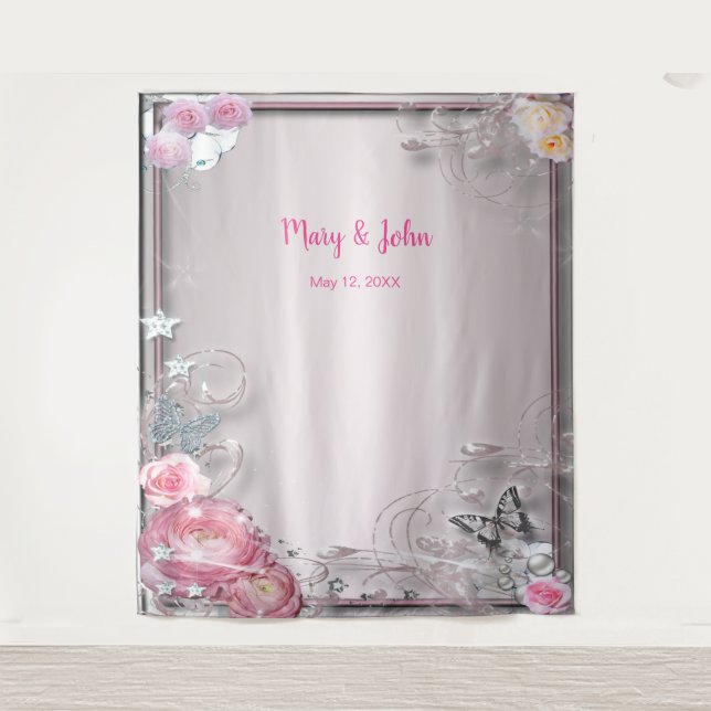 Tapiz Fondo Boda Floral Y Mariposa Rosa (Anverso)