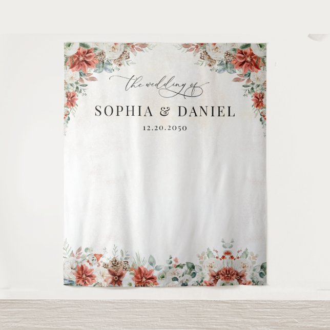 Tapiz Fondo Boda Pinecone de la vegetación roja de invie (Anverso)