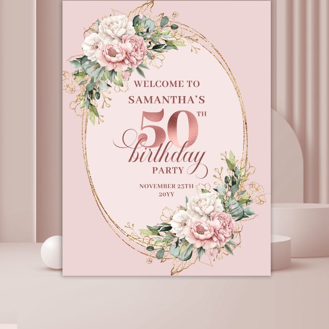 Tapiz Fondo Botánico Moderno de Cumpleaños 50 en Rosa Ru (Modern Blush Pink Botanical 50th Birthday Backdrop)